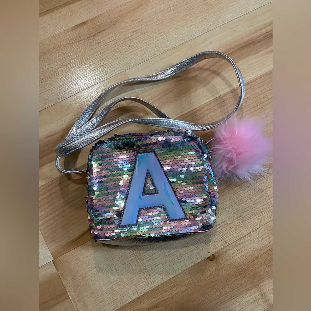 Justice Initial “A” Crossbody Sequin Pastel Purse Bag With PomPom Keychain Girls